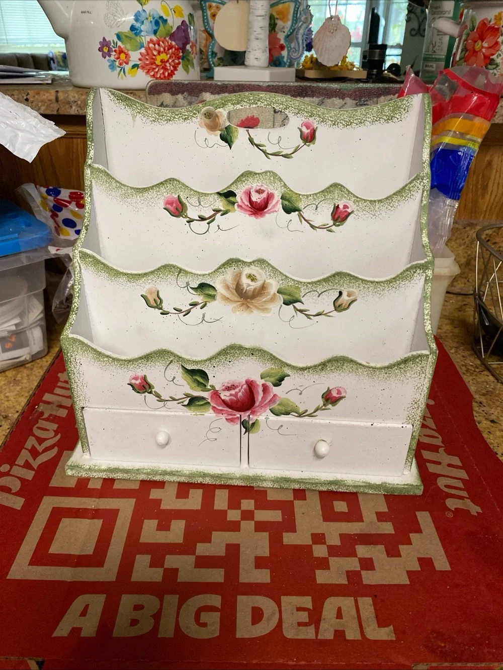 Hand-Painted Floral Wooden Mail & Storage Organizer in White and Pink